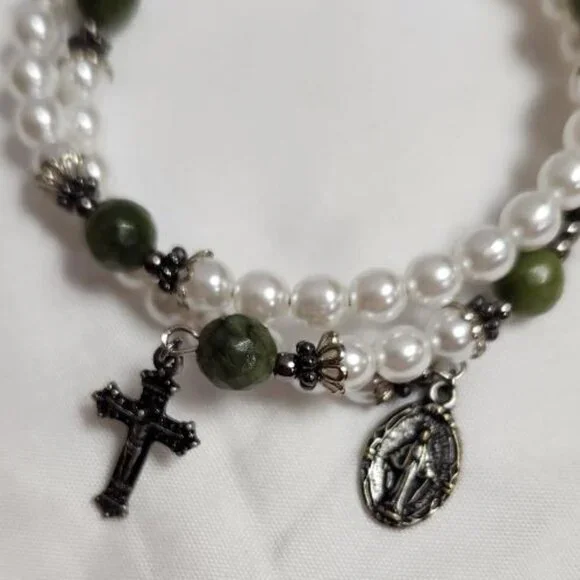 Connemara Marble Faux Pearl Coil Rosary Bracelet - Picture 5 of 5